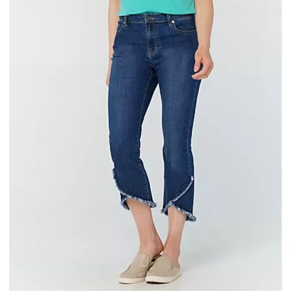 Susan Graver Denim - Susan Graver Womens Plus 28 High Stretch Dark Denim Jeans Blue Frayed Tulip‎ Hem